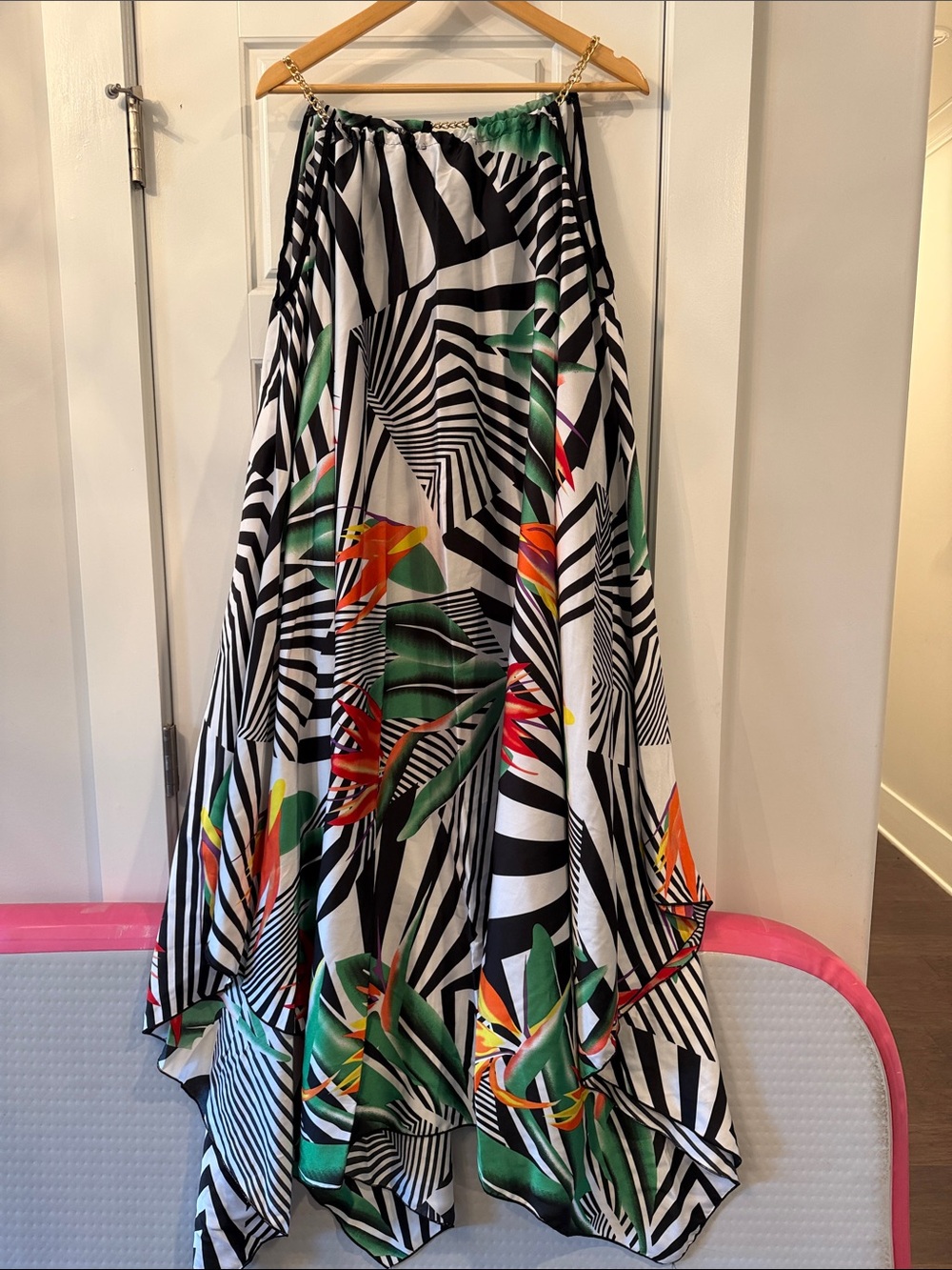 Black & White Zebra Print Maxi Skirt with Tropical Green Accents